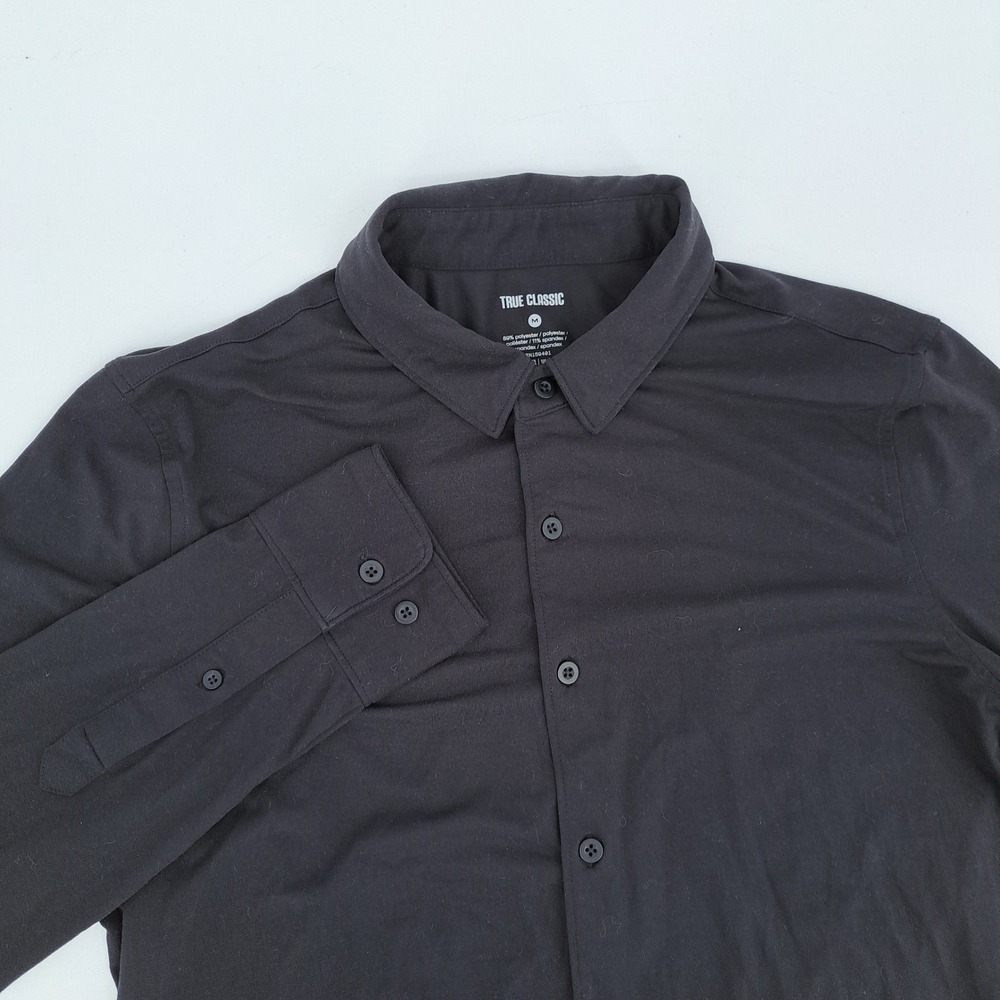 True Classic Button Down Shirt Mens Medium Poly Spandex Black Solid Long Sleeve